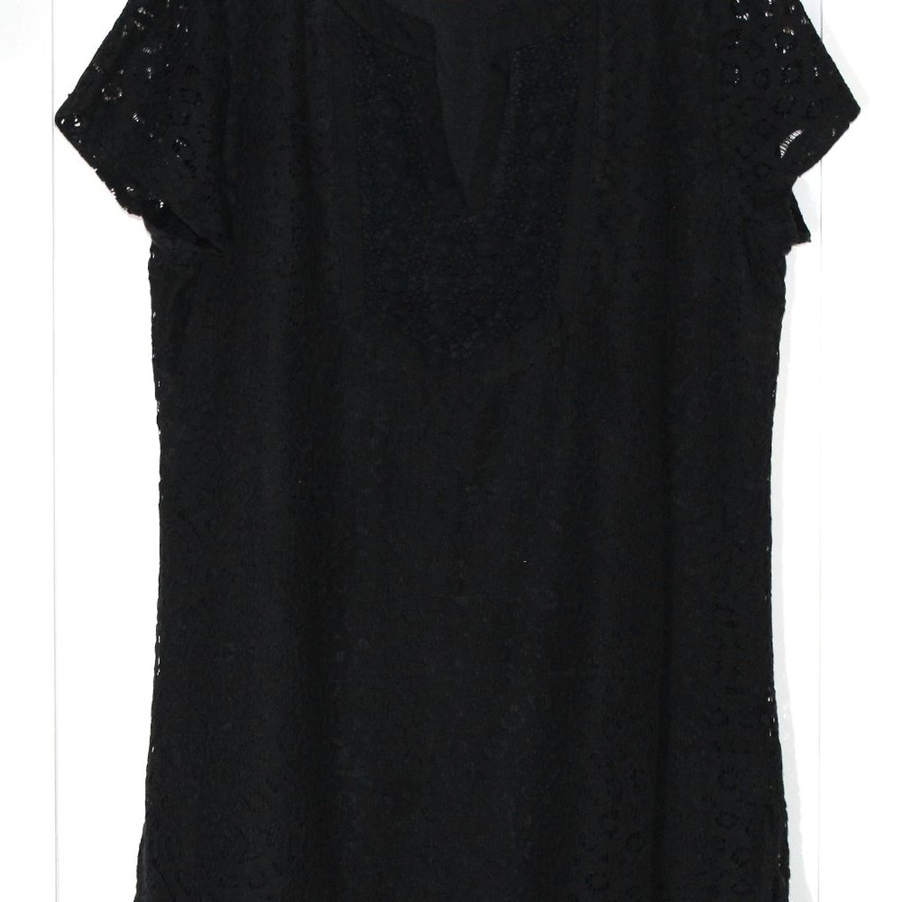 Isaac Mizrahi Live! Women's Short Sleeve Mixed Lace Lined Tunic Top - M - Black